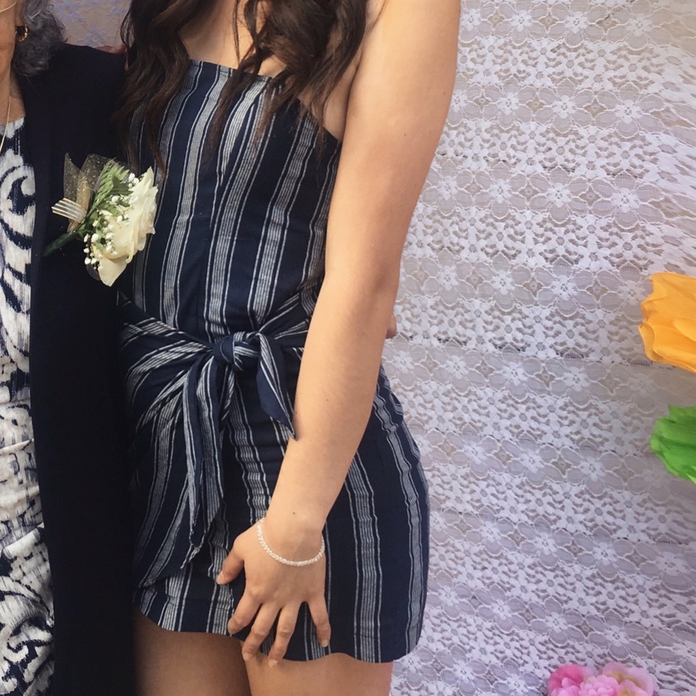 Navy Blue Striped Wrap Dress